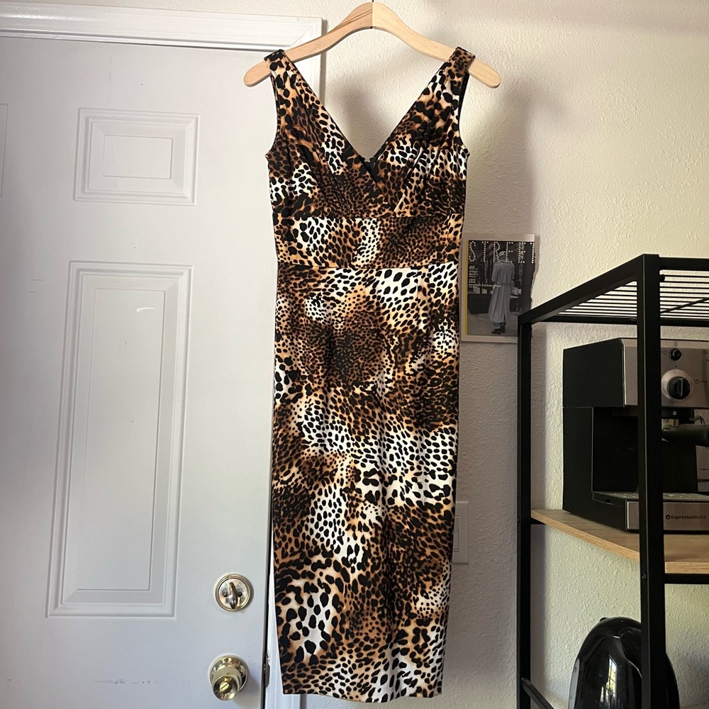 STOP STARING! Tan orange black cream leopard cheetah mod pinup retro midi sheath